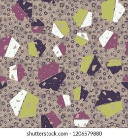 Seamless pattern. Pentagons against a placer of seven-pointed stars.