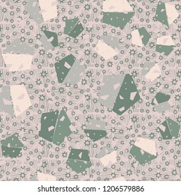 Seamless pattern. Pentagons against a placer of seven-pointed stars.