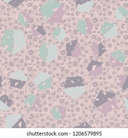 Seamless pattern. Pentagons against a placer of seven-pointed stars.