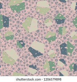 Seamless pattern. Pentagons against a placer of seven-pointed stars.