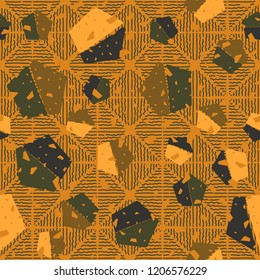 Seamless pattern. Pentagons on the background of wavy rhombuses.