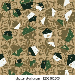 Seamless pattern. Pentagons on a background of abstract flowers.