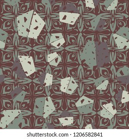 Seamless pattern. Pentagons on a background of abstract flowers.