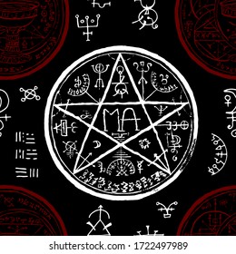 Seamless pattern with pentagram and mystic, fantasy symbols on black. Halloween line art vector illustration. Esoteric, occult and gothic background