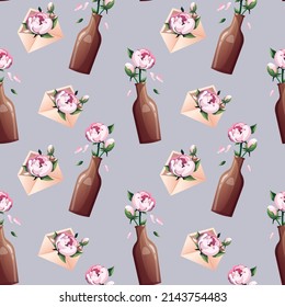 Seamless pattern with peonies, bottles and envelopes. Perfect for product design, wallpaper, scrapbooking, textile, wrapping paper.