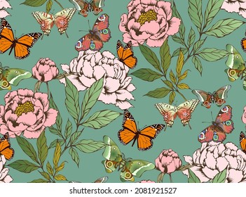 Seamless pattern. Peonies and butterflies. Green background. 