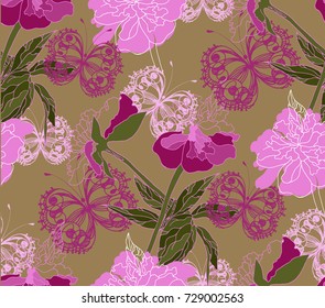 seamless pattern of peonies and butterfly