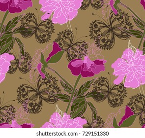 seamless pattern of peonies and butterfly