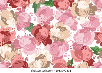 Seamless pattern of peonies in certoon style, vector