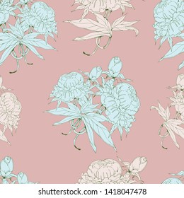 Seamless pattern with peonies in chinoiserie style. Vector hand drawing illustration. Wedding, wrapping paper, background design. Peony on pink.