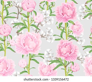 Seamless pattern with peonies and cotton flowers