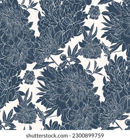Seamless pattern with peonies. Detailed monochrome drawing. Vector illustration.