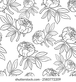 Seamless pattern with peonies of different sizes, black and white. Designed for various coloring materials and elegant backgrounds.
