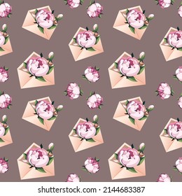 Seamless pattern with peonies and envelopes. Perfect for product design, wallpaper, scrapbooking, textile, wrapping paper.