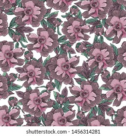 Seamless pattern with peonies flower on a white background. Infinite texture. Vector. Print for bed linens, fabric, textiles, wallpaper, greeting cards, wrapping paper, gift box 