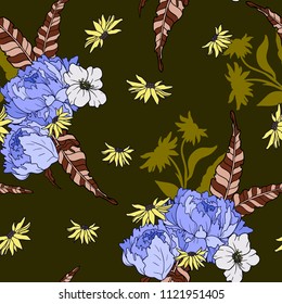 Seamless pattern with peonies flowers on a haki background. 