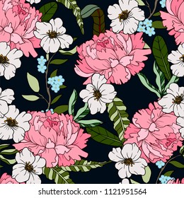 Seamless pattern with peonies flowers on a dark background. 