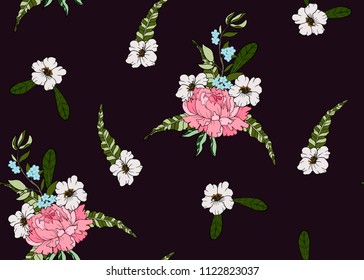 Seamless pattern with peonies flowers on a marsala background. 