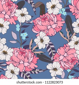 Seamless pattern with peonies flowers on a blue background. 