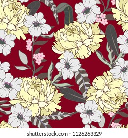 Seamless pattern with peonies flowers on a red background. 