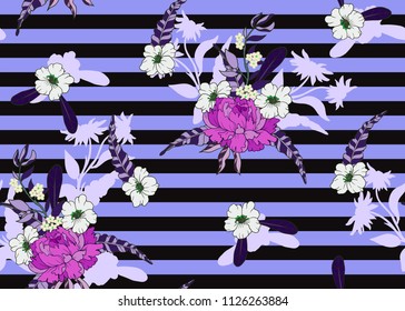Seamless pattern with peonies flowers on a striped background. 