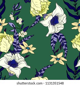 Seamless pattern with peonies flowers on a green background. 