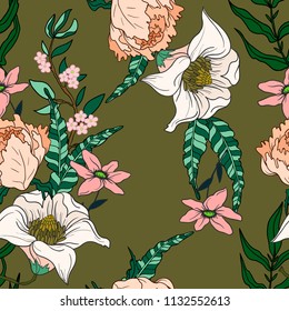 Seamless pattern with peonies flowers on a green background. 