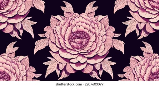 Patrón sin foco de las flores de las peonías, rosado sobre la púa oscura, vector de alta calidad, estilo botánico moderno