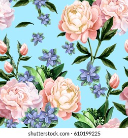 Seamless pattern with peonies and green leaves on a blue background.