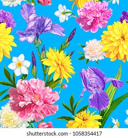 Seamless pattern with Peonies, Iris, Narcissus and Rudbeckia flowers on a blue background. Hand drawn sketch. Template for floral textile design, paper, wallpaper, web. Spring and summer composition