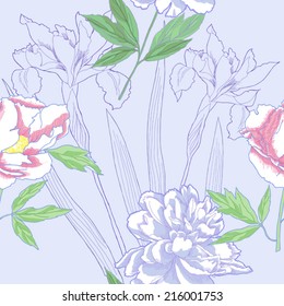 Seamless pattern  with peonies and irises.Vector Illustration
