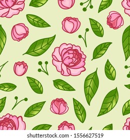 Seamless pattern with peonies and leaves. Elegant hand drawn floral background. Flower vector illustration. Colorful backdrop.
