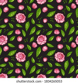 Patrón sin foco con peonías y hojas. Elegante fondo floral dibujado a mano. Ilustración vectorial de flores. Fondo colorido.