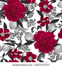 Seamless pattern with peonies, lemons and other flowers. Vector