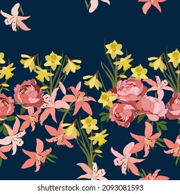Seamless pattern with peonies, lily and narcissus on dark background. Vector illustration.For decorating textiles, packaging, web design