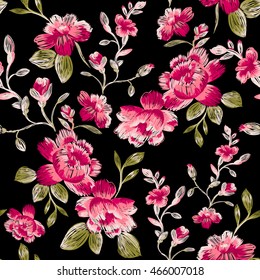 Seamless pattern of peonies on a black background. Imitation embroidery.