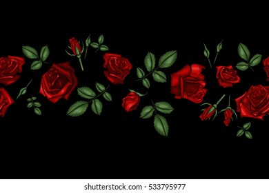 Seamless pattern of peonies on a black background. Imitation embroidery