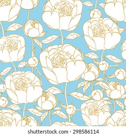 Seamless pattern with peonies on blue background, vector illustration