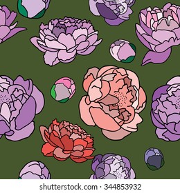 Seamless pattern peonies on green background