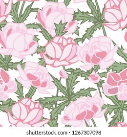 Seamless pattern with peonies on a white background. Infinite texture for the design of the season. Vector. Printing for fabrics, cover design, wallpaper, textile, party invitation, wrapping, birthday