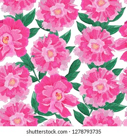 Seamless pattern with peonies on a white background. Infinite texture for the design of the season. Vector. Printing for fabrics, cover design, wallpaper, textile, party invitation, wrapping, birthday