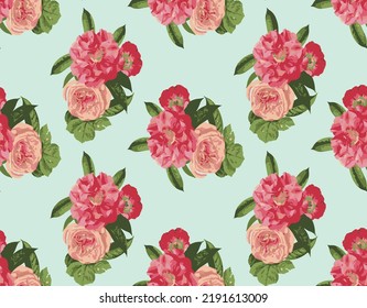 Seamless pattern with peonies. Peony. Flowers and buds. red Wedding on green background.