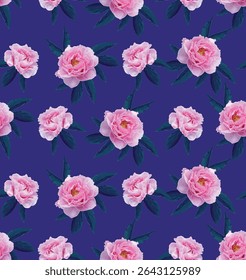 seamless pattern of peonies with pink and white flowers and leaves on a dark blue background.Isolated, close-up.Design element