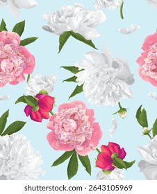 seamless pattern of peonies with red, pink and white flowers and green leaves on a blue background.Isolated, close-up.Design element
