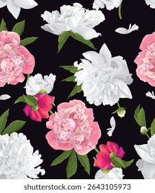 seamless pattern of peonies with red, pink and white flowers and green leaves on a black background.Isolated, close-up.Design element