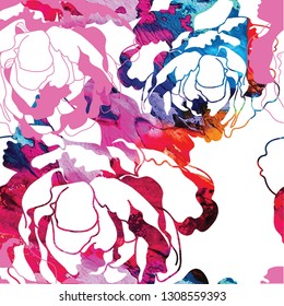 
Seamless pattern with peonies and roses. Stylish background. Texture watercolor paint.