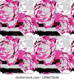 Seamless pattern with peonies and roses. Stylish background. Texture watercolor paint.