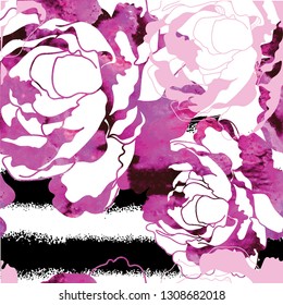 Seamless pattern with peonies and roses. Stylish background. Texture watercolor paint.