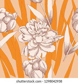 Seamless pattern with peonies and tulips flowers. Vector floral illustration