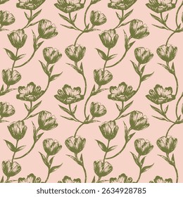 Seamless Pattern with peonies, tulips in sketch style for wrapping paper, textile, girl clothes. Silhouette of Wildflowers peonies, roses and tulips. Botanical print, vintage style. stock graphics